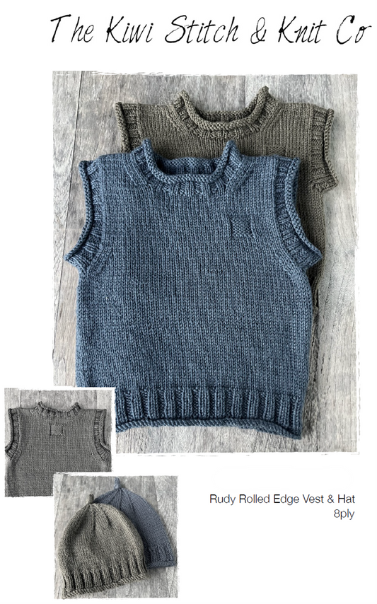 Kiwi Stitch and Knit Co: Rudy Rolled Edge Vest and Hat